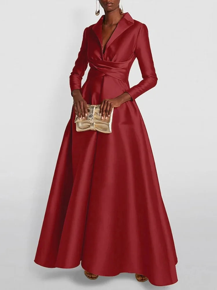 Elegant solid color Long Sleeves Evening Dress Women's Party Gown V-Neck high Waist Maxi Dresses For Wedding Prom 2026 new