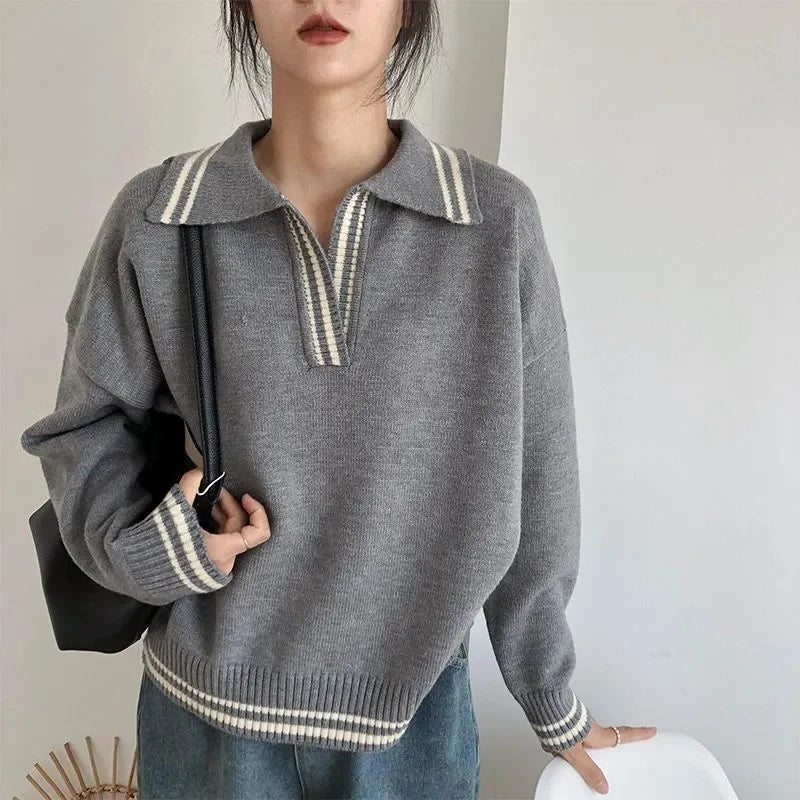 Rimocy College Wind V Neck Knit Sweaters Women Korean Fashion Loose Long Sleeve Knitwear Woman Chic Turn Down Collar Jersey Tops