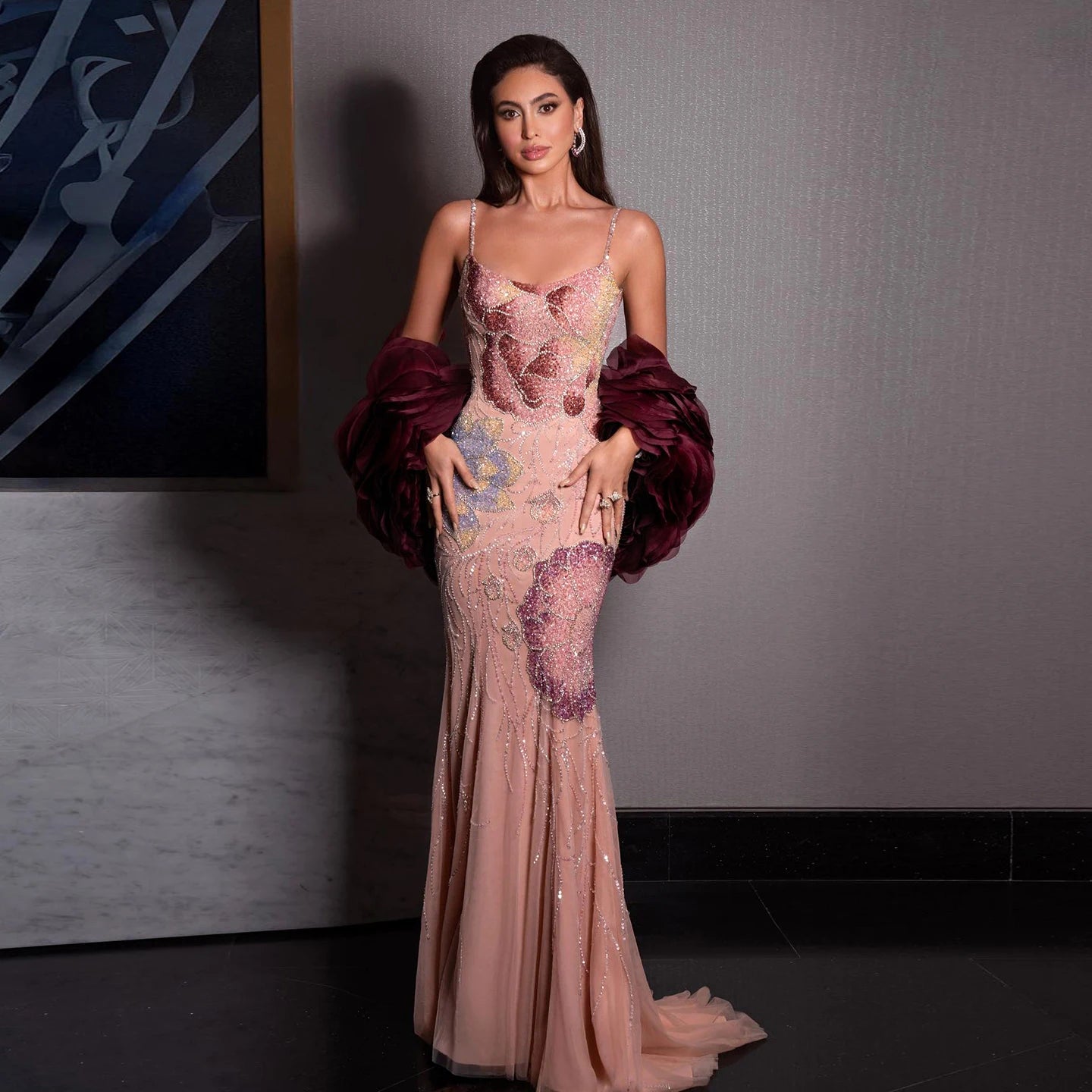 Sharon Said Luxury Pink Floral Beaded Evening Dress with Burgundy Shawl Cape Elegant Party Dress for Women SS515 Customized