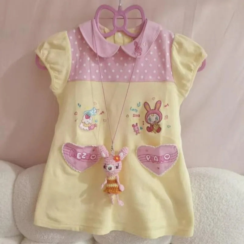 Kawaii sweet T-shirt Japanese subculture cute cartoon printed T-shirt Harajuku stitching short-sleeved T-shirt women's chic tops