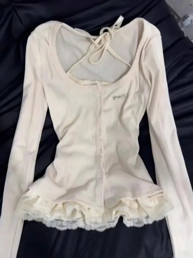 Autumn Korean Y2k Vintage Fake 2 Piece Set Women Elegant Long Sleeve Design Tops Harajuku Female Casual Lace 2000s Chic T-Shirt